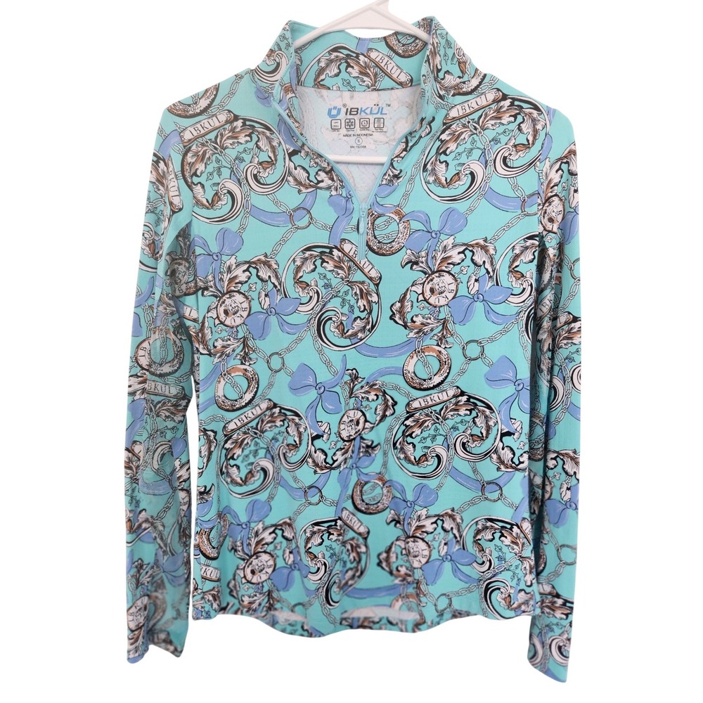 IBKUL Womens Small Aqua Blue Baroque Chain Print UPF 50 Mock Neck 1/4 Zip Top
